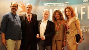 Andrea Romeo and Nicolas Philibert with Gilberto Borghi, Claudia Corazza e Francesca Cechet (BPER Bank), Pop Up Cinema Medica
